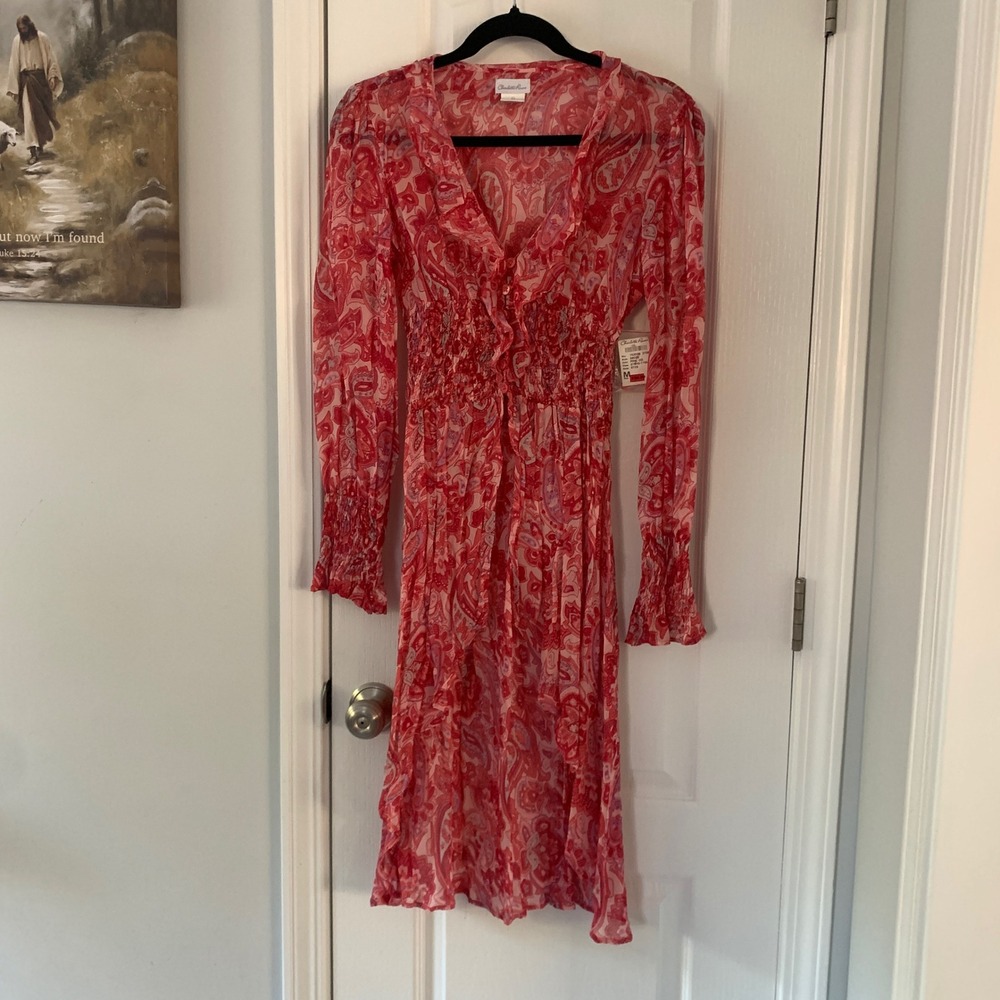 Charlotte Russe Pink Paisley Smocked Waist High Low Boho Dress Womens Medium NWT